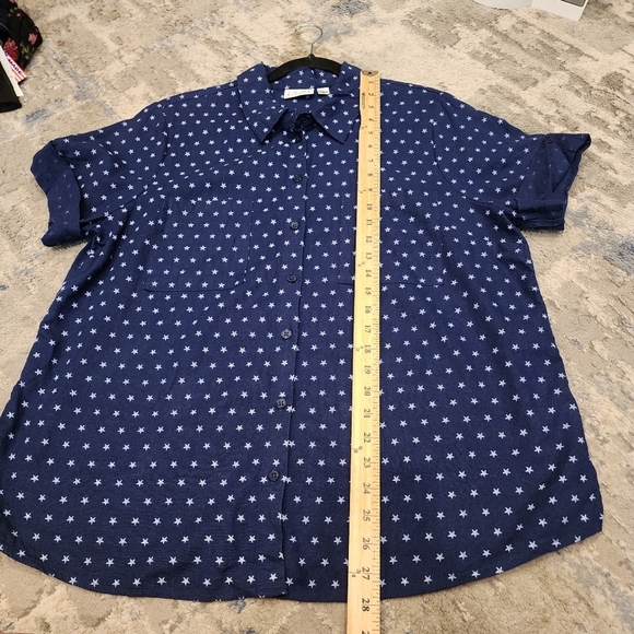 Joan Rivers Linen Star Print Blue White Short Sleee Button Shirt Women's Size L - Picture 10 of 16
